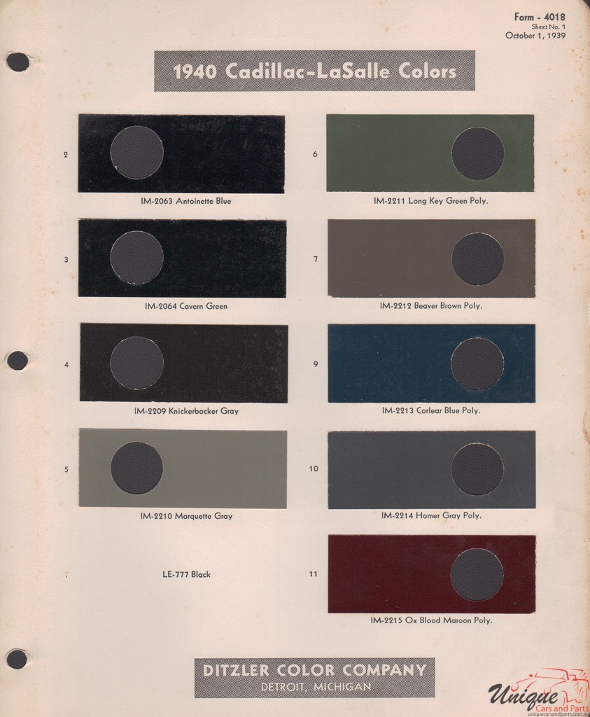 1940 Cadillac Paint Charts PPG 1